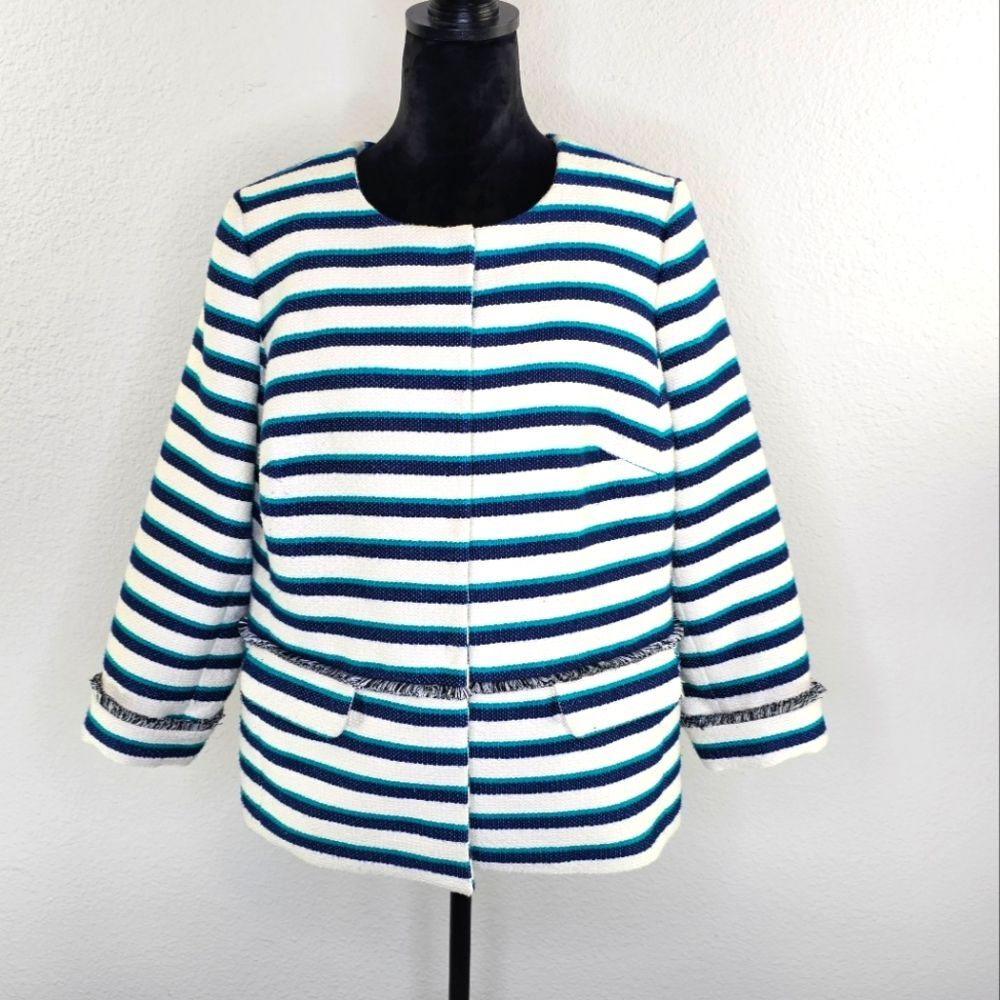 Talbots Woman Stripe woven half sleeve snap button lined blazer Size 14W Petite